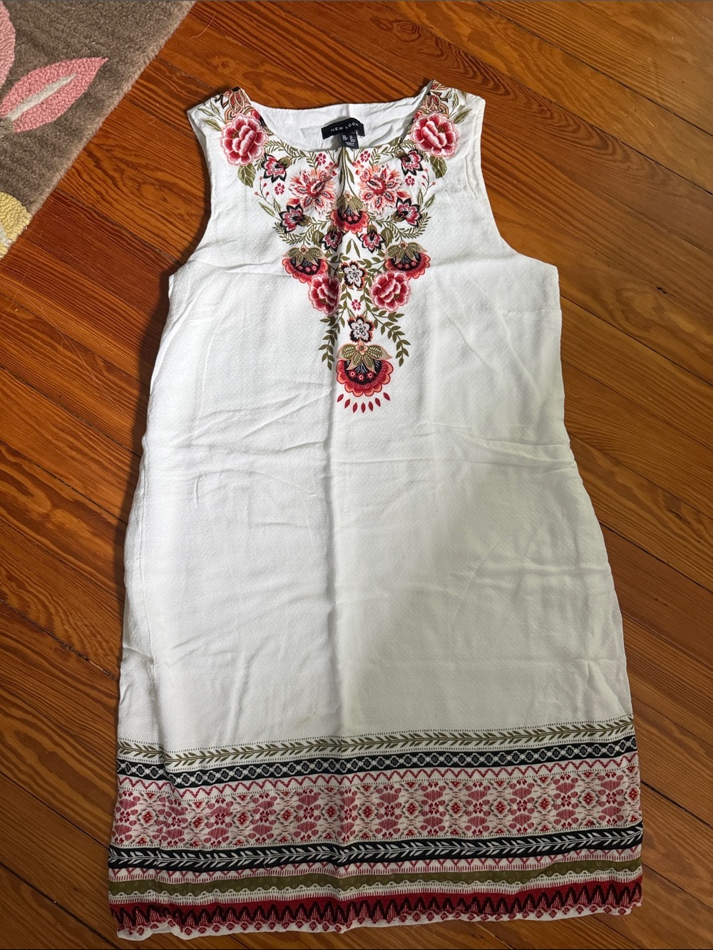 New Look” White Sleeveless Mini Dress with Pink & Green Embroidered Yoke/trim